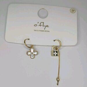 Gold & White Hoop With Flower & Lock & Key Sterling Silver Earrings